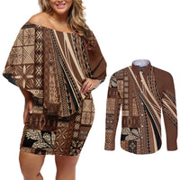 Pasifika Women's Day - Samoa Siapo Malu Tattoo Inspired Couples Matching Off Shoulder Short Dress and Long Sleeve Button Shirt Brown