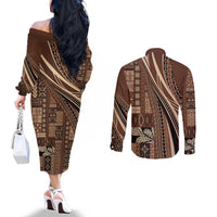 Pasifika Women's Day - Samoa Siapo Malu Tattoo Inspired Couples Matching Off The Shoulder Long Sleeve Dress and Long Sleeve Button Shirt Brown LT7 - Polynesian Pride
