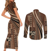 Pasifika Women's Day - Samoa Siapo Malu Tattoo Inspired Couples Matching Short Sleeve Bodycon Dress and Long Sleeve Button Shirt Brown LT7 - Polynesian Pride