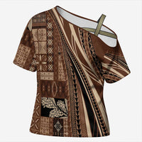Pasifika Women's Day - Samoa Siapo Malu Tattoo Inspired Cross Shoulder Shirt Brown