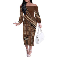Pasifika Women's Day - Samoa Siapo Malu Tattoo Inspired Family Matching Off The Shoulder Long Sleeve Dress and Hawaiian Shirt Brown LT7 Mom's Dress Brown - Polynesian Pride