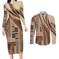 Pasifika Women's Day - Samoa Siapo Malu Tattoo Inspired Couples Matching Long Sleeve Bodycon Dress and Long Sleeve Button Shirt Beige LT7 Beige - Polynesian Pride