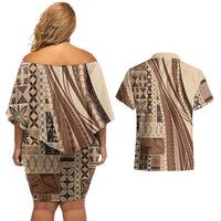 Pasifika Women's Day - Samoa Siapo Malu Tattoo Inspired Couples Matching Off Shoulder Short Dress and Hawaiian Shirt Beige LT7 - Polynesian Pride