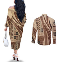Pasifika Women's Day - Samoa Siapo Malu Tattoo Inspired Couples Matching Off The Shoulder Long Sleeve Dress and Long Sleeve Button Shirt Beige LT7 - Polynesian Pride