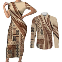 Pasifika Women's Day - Samoa Siapo Malu Tattoo Inspired Couples Matching Short Sleeve Bodycon Dress and Long Sleeve Button Shirt Beige LT7 Beige - Polynesian Pride