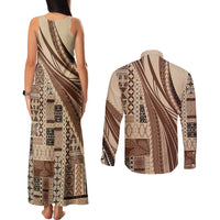 Pasifika Women's Day - Samoa Siapo Malu Tattoo Inspired Couples Matching Tank Maxi Dress and Long Sleeve Button Shirt Beige LT7 - Polynesian Pride
