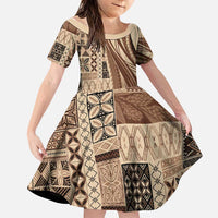 Pasifika Women's Day - Samoa Siapo Malu Tattoo Inspired Family Matching Off Shoulder Short Dress and Hawaiian Shirt Beige LT7 Daughter's Dress Beige - Polynesian Pride