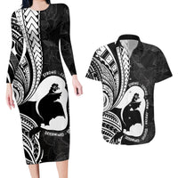 Mother's Day Couples Matching Long Sleeve Bodycon Dress and Hawaiian Shirt Polynesia Vintage Hibiscus - Black LT7 Black - Polynesian Pride