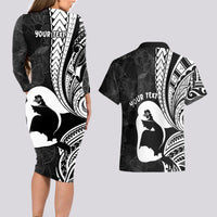 Mother's Day Couples Matching Long Sleeve Bodycon Dress and Hawaiian Shirt Polynesia Vintage Hibiscus - Black LT7 - Polynesian Pride