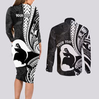 Mother's Day Couples Matching Long Sleeve Bodycon Dress and Long Sleeve Button Shirt Polynesia Vintage Hibiscus - Black