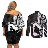 Mother's Day Couples Matching Off Shoulder Short Dress and Long Sleeve Button Shirt Polynesia Vintage Hibiscus - Black