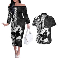 Mother's Day Couples Matching Off The Shoulder Long Sleeve Dress and Hawaiian Shirt Polynesia Vintage Hibiscus - Black LT7 Black - Polynesian Pride