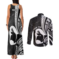 Mother's Day Couples Matching Tank Maxi Dress and Long Sleeve Button Shirt Polynesia Vintage Hibiscus - Black