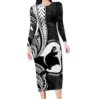 Mother's Day Family Matching Long Sleeve Bodycon Dress and Hawaiian Shirt Polynesia Vintage Hibiscus - Black LT7 Mom's Dress Black - Polynesian Pride