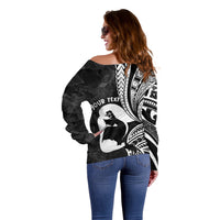 Mother's Day Off Shoulder Sweater Polynesia Vintage Hibiscus - Black