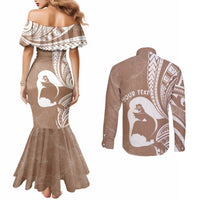 Mother's Day Couples Matching Mermaid Dress and Long Sleeve Button Shirt Polynesia Vintage Hibiscus - Brown