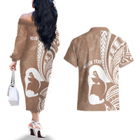 Mother's Day Couples Matching Off The Shoulder Long Sleeve Dress and Hawaiian Shirt Polynesia Vintage Hibiscus - Brown LT7 - Polynesian Pride