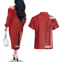 Samoa FAST Siapo Couples Matching Off The Shoulder Long Sleeve Dress and Hawaiian Shirt Tatau-Ulafala Vines LT7 - Polynesian Pride