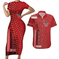 Samoa FAST Siapo Couples Matching Short Sleeve Bodycon Dress and Hawaiian Shirt Tatau-Ulafala Vines LT7 Red - Polynesian Pride