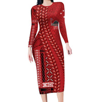 Samoa FAST Siapo Family Matching Long Sleeve Bodycon Dress and Hawaiian Shirt Tatau-Ulafala Vines LT7 Mom's Dress Red - Polynesian Pride