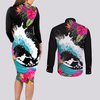 Hawaii Surfing Couples Matching Long Sleeve Bodycon Dress and Long Sleeve Button Shirts Triple Crown Rides The Waves LT7 - Polynesian Pride
