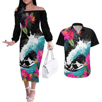 Hawaii Surfing Couples Matching Off The Shoulder Long Sleeve Dress and Hawaiian Shirt Triple Crown Rides The Waves LT7 Black - Polynesian Pride