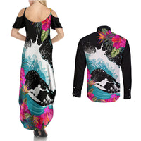 Hawaii Surfing Couples Matching Summer Maxi Dress and Long Sleeve Button Shirts Triple Crown Rides The Waves LT7 - Polynesian Pride