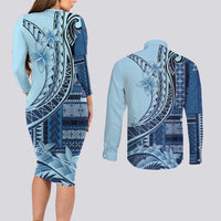 Samoa Siapo Mamanu Couples Matching Long Sleeve Bodycon Dress and Long Sleeve Button Shirt Plumeria Navy Blue Motifs LT7 - Polynesian Pride