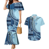 Samoa Siapo Mamanu Couples Matching Mermaid Dress and Hawaiian Shirt Plumeria Navy Blue Motifs LT7 Blue - Polynesian Pride