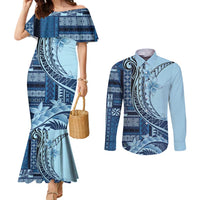 Samoa Siapo Mamanu Couples Matching Mermaid Dress and Long Sleeve Button Shirt Plumeria Navy Blue Motifs LT7 Blue - Polynesian Pride