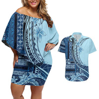 Samoa Siapo Mamanu Couples Matching Off Shoulder Short Dress and Hawaiian Shirt Plumeria Navy Blue Motifs LT7 Blue - Polynesian Pride