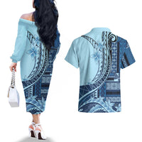 Samoa Siapo Mamanu Couples Matching Off The Shoulder Long Sleeve Dress and Hawaiian Shirt Plumeria Navy Blue Motifs LT7 - Polynesian Pride