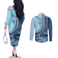Samoa Siapo Mamanu Couples Matching Off The Shoulder Long Sleeve Dress and Long Sleeve Button Shirt Plumeria Navy Blue Motifs LT7 - Polynesian Pride