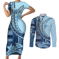 Samoa Siapo Mamanu Couples Matching Short Sleeve Bodycon Dress and Long Sleeve Button Shirt Plumeria Navy Blue Motifs LT7 Blue - Polynesian Pride