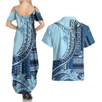 Samoa Siapo Mamanu Couples Matching Summer Maxi Dress and Hawaiian Shirt Plumeria Navy Blue Motifs LT7 - Polynesian Pride