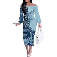 Samoa Siapo Mamanu Family Matching Off The Shoulder Long Sleeve Dress and Hawaiian Shirt Plumeria Navy Blue Motifs LT7 Mom's Dress Blue - Polynesian Pride