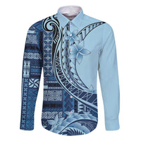 Samoa Siapo Mamanu Family Matching Off Shoulder Short Dress and Hawaiian Shirt Plumeria Navy Blue Motifs LT7 Dad's Shirt - Long Sleeve Blue - Polynesian Pride