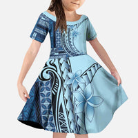 Samoa Siapo Mamanu Family Matching Puletasi and Hawaiian Shirt Plumeria Navy Blue Motifs LT7 Daughter's Dress Blue - Polynesian Pride