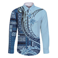Samoa Siapo Mamanu Family Matching Puletasi and Hawaiian Shirt Plumeria Navy Blue Motifs LT7 Dad's Shirt - Long Sleeve Blue - Polynesian Pride
