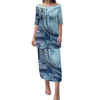 Samoa Siapo Mamanu Family Matching Puletasi and Hawaiian Shirt Plumeria Navy Blue Motifs LT7 Mom's Dress Blue - Polynesian Pride
