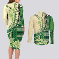 Samoa Siapo Mamanu Couples Matching Long Sleeve Bodycon Dress and Long Sleeve Button Shirt Plumeria Emerald Motifs LT7 - Polynesian Pride