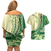 Samoa Siapo Mamanu Couples Matching Off Shoulder Short Dress and Hawaiian Shirt Plumeria Emerald Motifs LT7 - Polynesian Pride