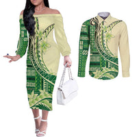 Samoa Siapo Mamanu Couples Matching Off The Shoulder Long Sleeve Dress and Long Sleeve Button Shirt Plumeria Emerald Motifs LT7 Green - Polynesian Pride