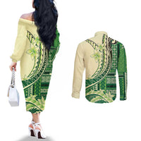 Samoa Siapo Mamanu Couples Matching Off The Shoulder Long Sleeve Dress and Long Sleeve Button Shirt Plumeria Emerald Motifs LT7 - Polynesian Pride
