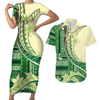 Samoa Siapo Mamanu Couples Matching Short Sleeve Bodycon Dress and Hawaiian Shirt Plumeria Emerald Motifs LT7 Green - Polynesian Pride
