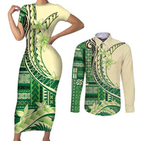 Samoa Siapo Mamanu Couples Matching Short Sleeve Bodycon Dress and Long Sleeve Button Shirt Plumeria Emerald Motifs LT7 Green - Polynesian Pride