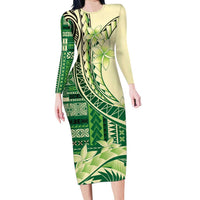 Samoa Siapo Mamanu Family Matching Long Sleeve Bodycon Dress and Hawaiian Shirt Plumeria Emerald Motifs LT7 Mom's Dress Green - Polynesian Pride