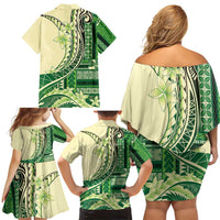 Samoa Siapo Mamanu Family Matching Off Shoulder Short Dress and Hawaiian Shirt Plumeria Emerald Motifs LT7 - Polynesian Pride