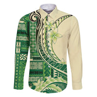 Samoa Siapo Mamanu Family Matching Puletasi and Hawaiian Shirt Plumeria Emerald Motifs LT7 Dad's Shirt - Long Sleeve Green - Polynesian Pride