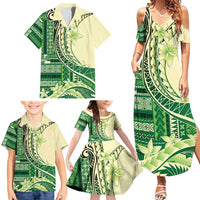 Samoa Siapo Mamanu Family Matching Summer Maxi Dress and Hawaiian Shirt Plumeria Emerald Motifs LT7 - Polynesian Pride
